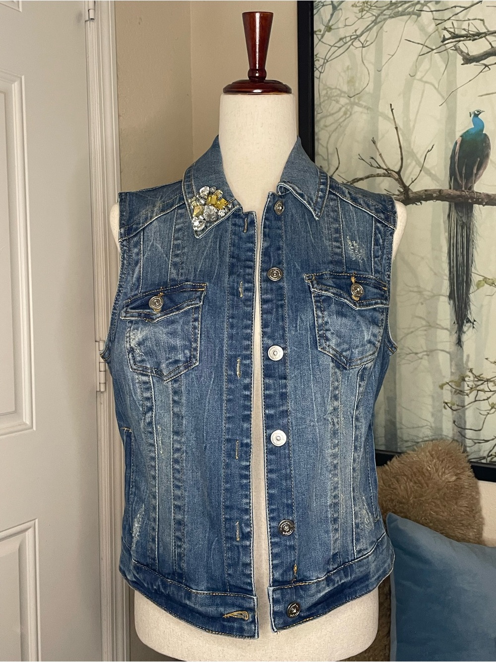 INC International Concepts Blue Denim Sleeveless Jacket with Embellished Collar